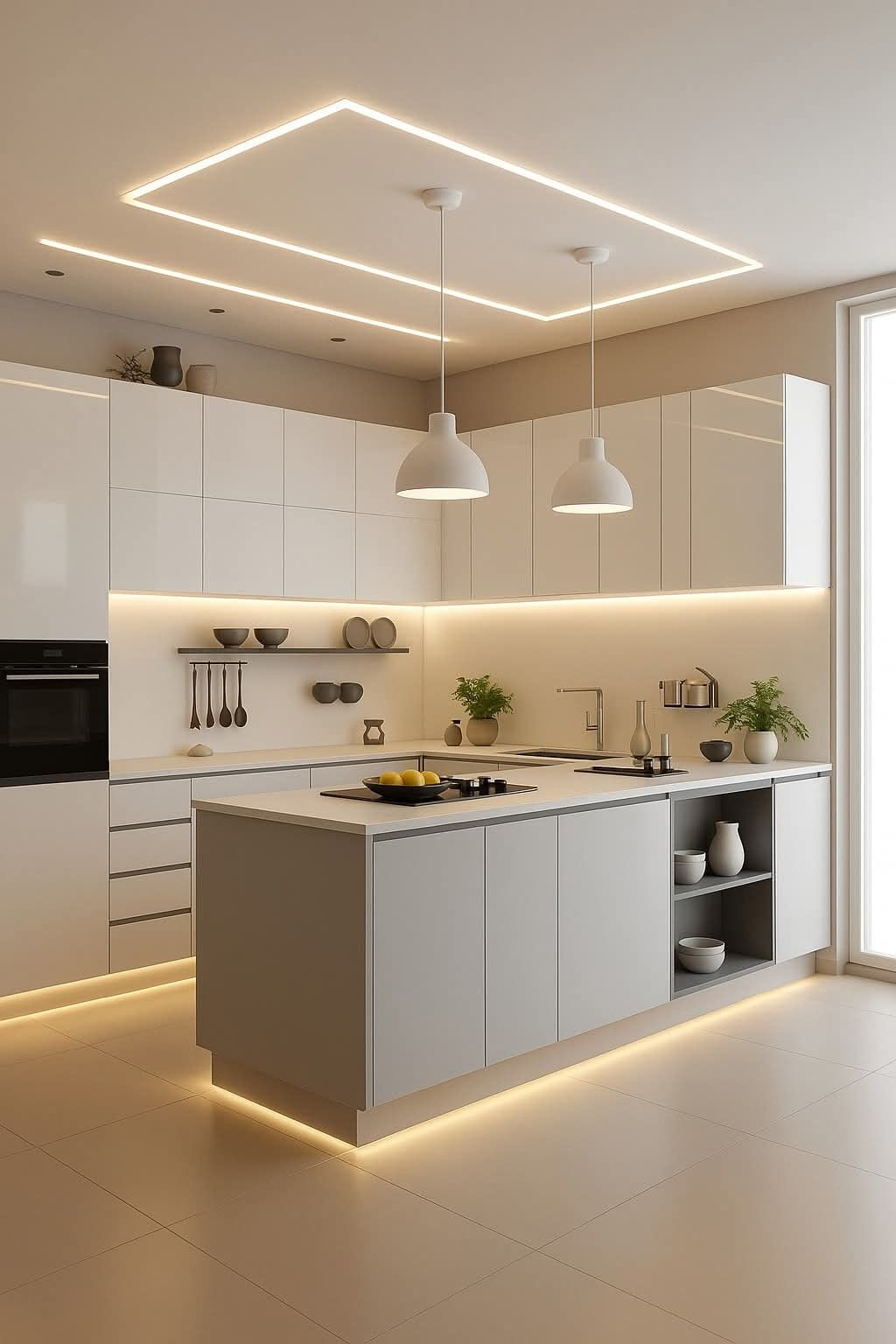 Cozinha com forro e iluminação linear